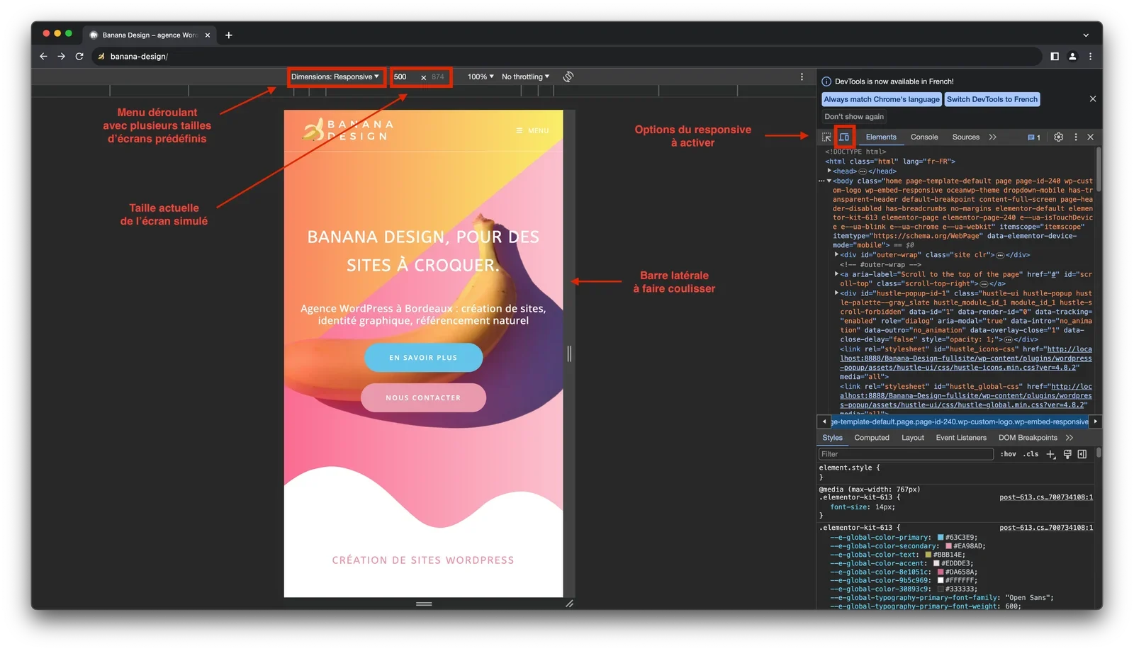 展示真实网页在Chrome DevTools响应式模式下进行多尺寸测试、发现横向滚动或布局错位问题，以及修复后的正常页面效果。