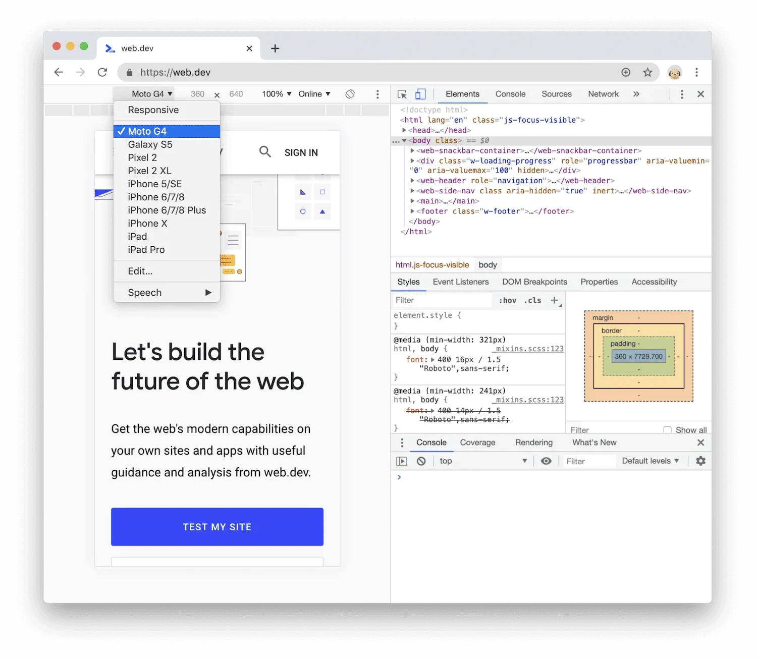 展示一个完整响应式网站案例的代码编辑器、浏览器预览和DevTools设备模拟测试结果，对比多个屏幕尺寸下的最终页面效果。