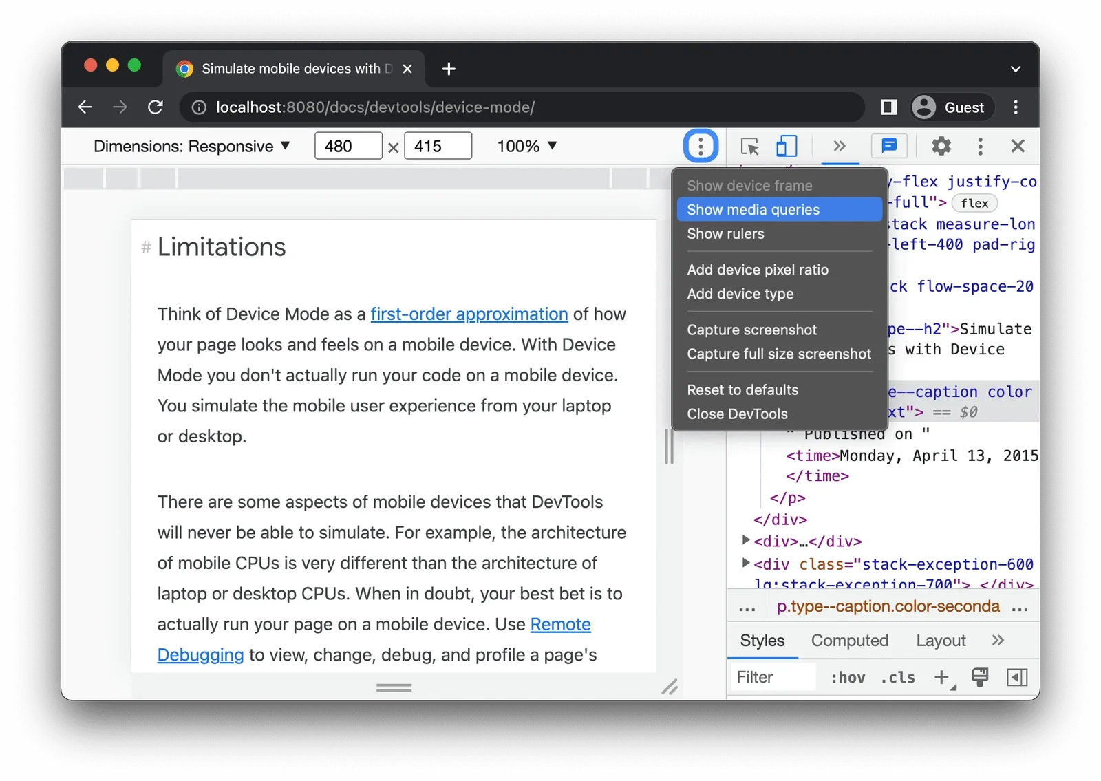 展示真实前端项目中的HTML viewport配置、CSS媒体查询代码,以及浏览器DevTools中不同屏幕宽度下媒体查询生效与失效的调试界面。