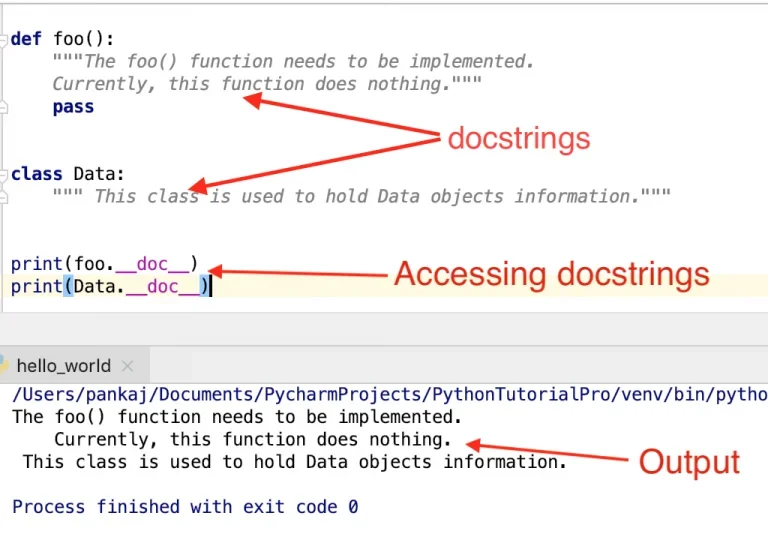 展示Python函数或类中编写docstring,并通过__doc__或help()查看文档说明的真实代码与输出。