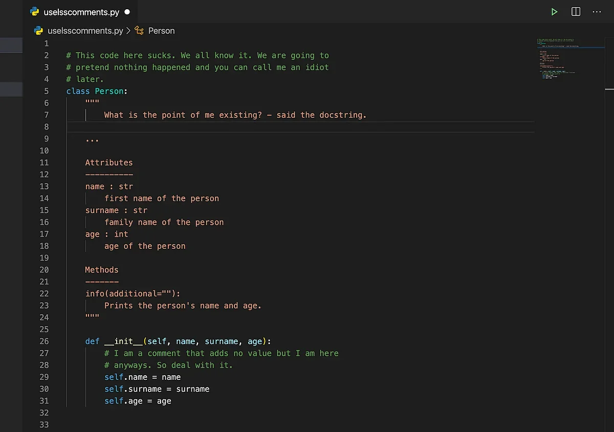 展示Python项目代码中合理使用行注释、docstring和多行字符串的对比场景,体现规范的代码结构。