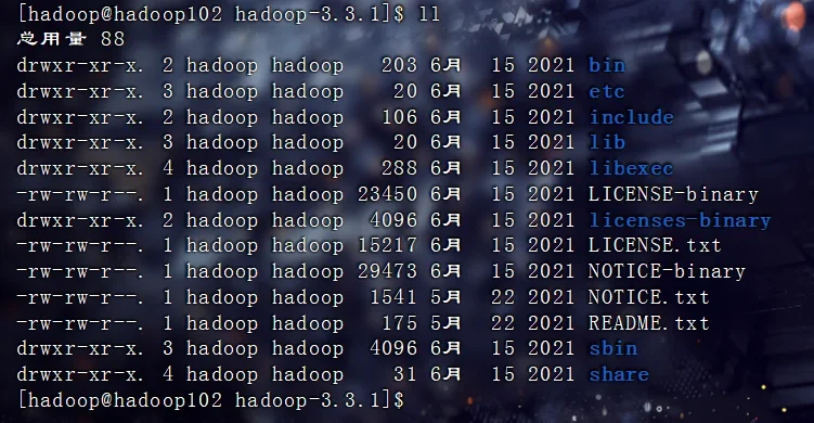 展示Linux终端解压Hadoop安装包后的目录结构,以及Hadoop配置文件和hadoop-env.sh的真实界面。