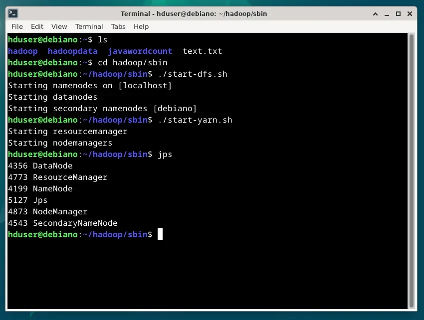 展示Linux终端执行hadoop version、启动Hadoop服务和jps命令后返回版本号及多个Hadoop进程的真实结果。