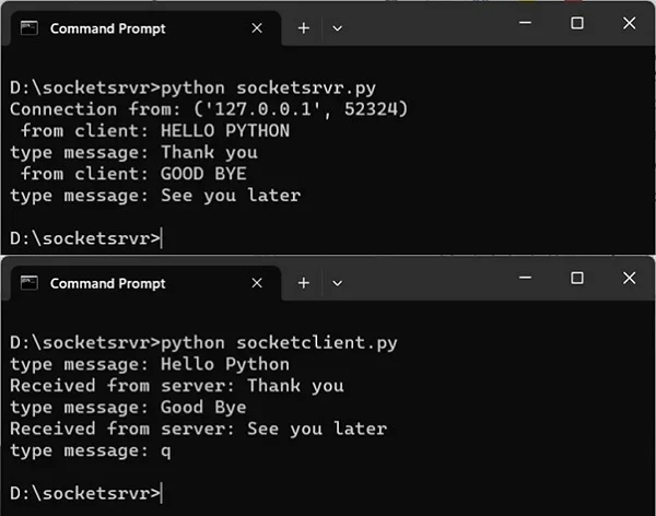 展示两个终端窗口分别运行Python TCP服务器和客户端,服务器监听端口、客户端连接后双方成功收发消息并显示输出结果。