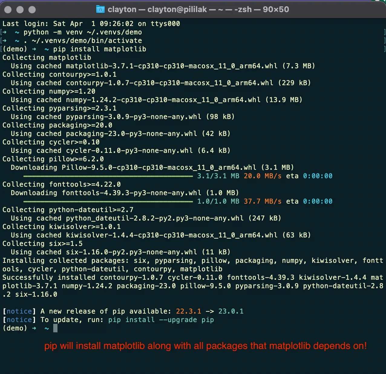 展示终端执行python -m pip install安装Python包并成功完成安装的真实界面,同时体现代码中的import语句。