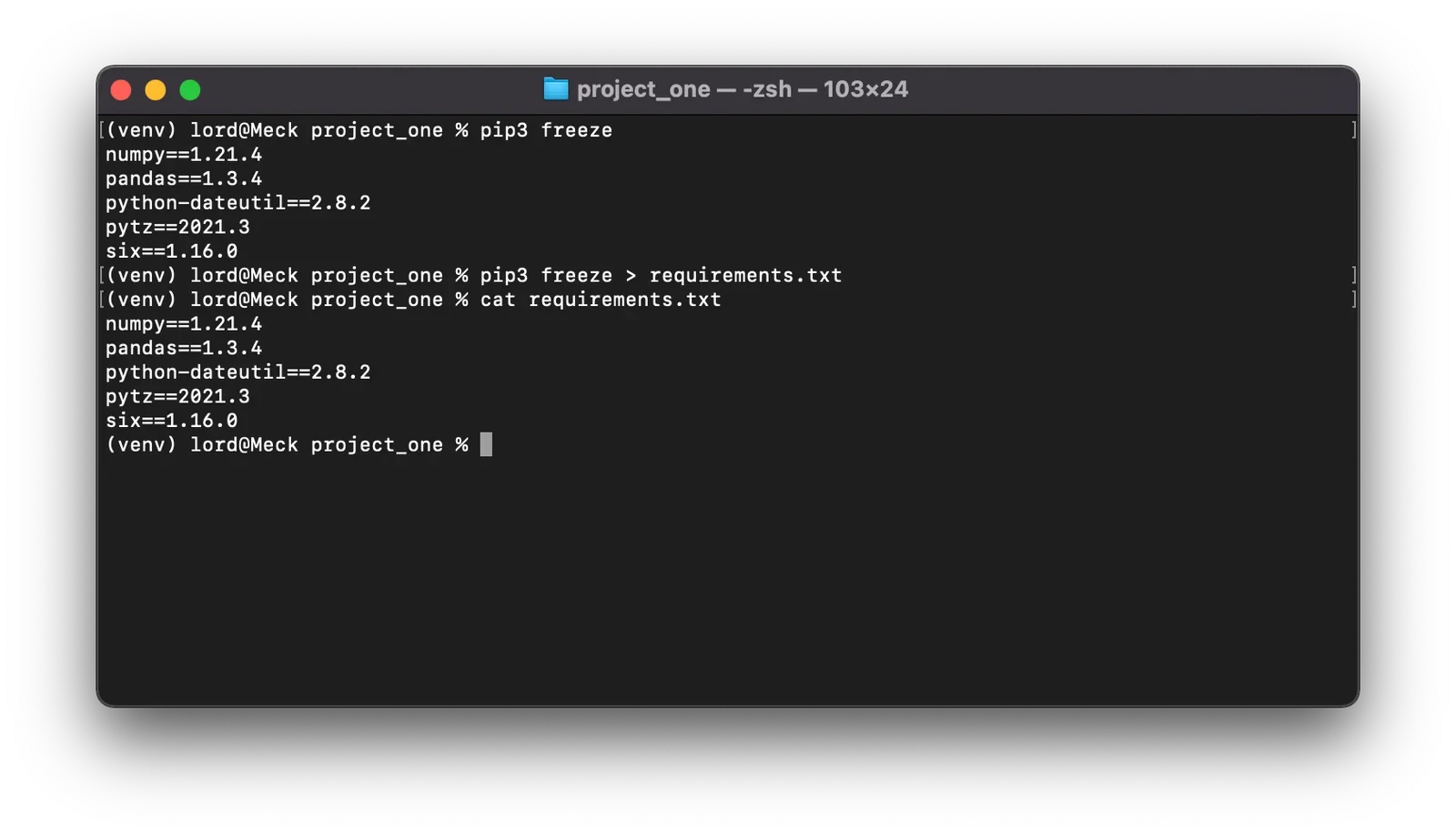 展示旧电脑终端中执行pip freeze生成requirements.txt,以及Python项目目录中的依赖文件。