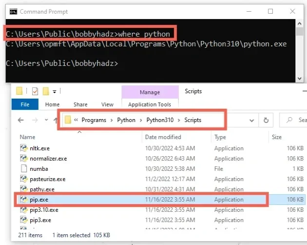展示终端中执行Python版本和pip版本检查命令的真实界面，同时体现Python解释器路径与pip当前状态。