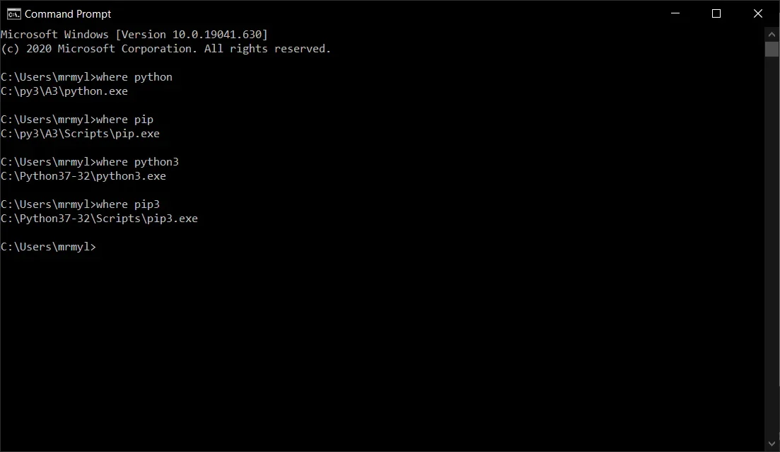 展示Windows终端出现pip command not found或环境路径冲突后的排查界面，包括where python、where pip等命令结果。