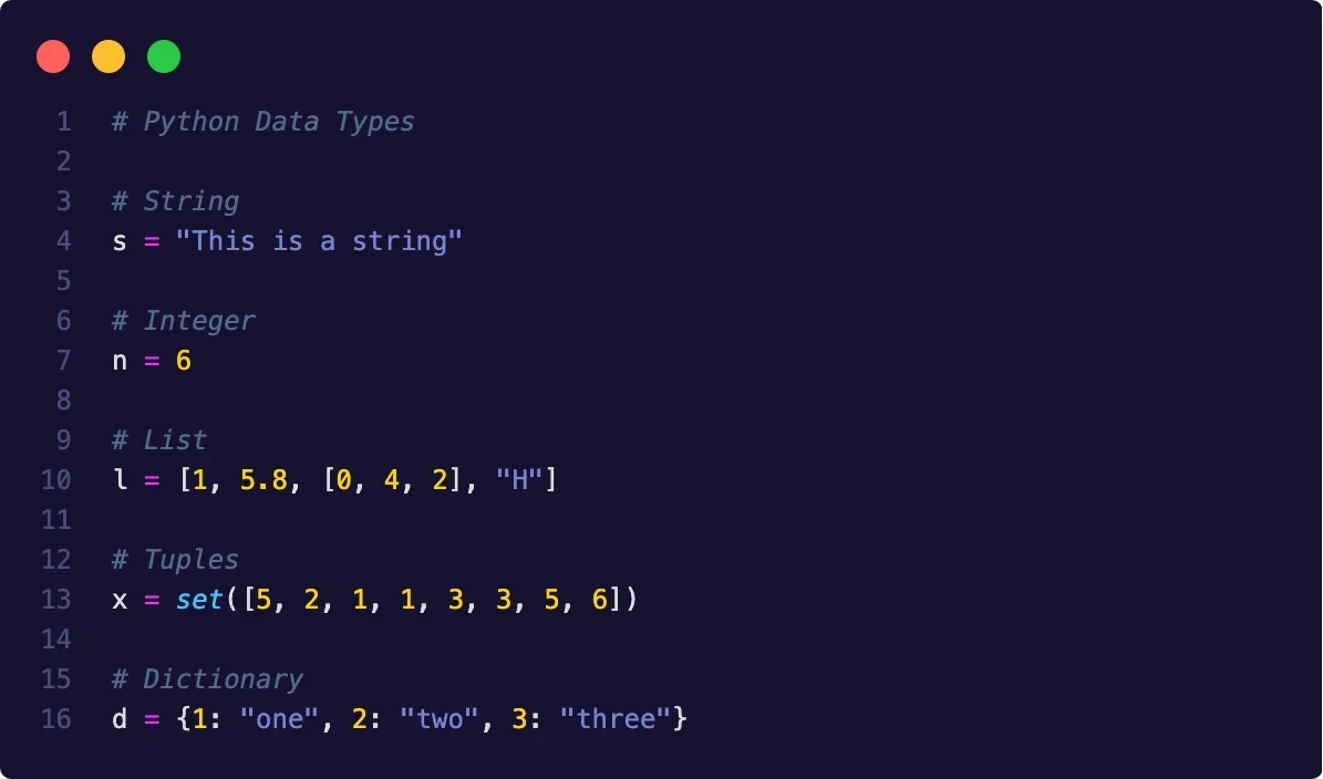 展示代码编辑器中的Python变量、字符串、数字、列表和字典示例，以及对应运行结果的真实界面。