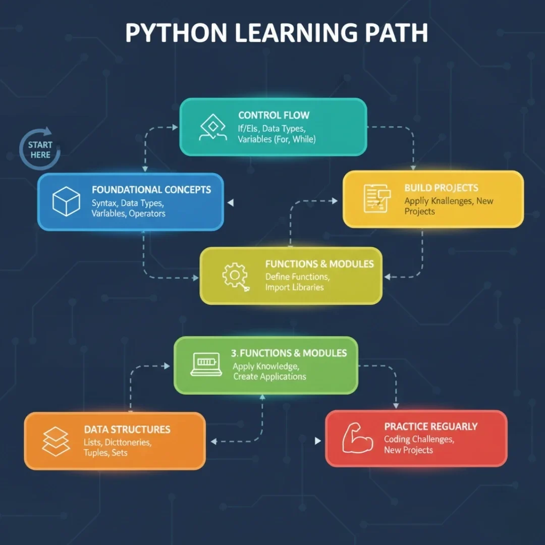 展示一张清晰的Python零基础学习路线图，从语法基础连接到练习、项目和不同就业或应用方向。