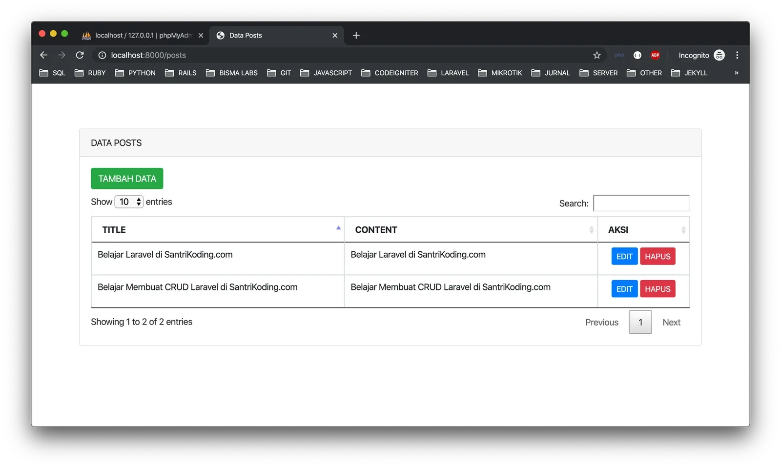 展示完整Laravel CRUD案例的代码结构、表单页面、数据列表页面以及提交后数据库数据发生变化的真实结果。