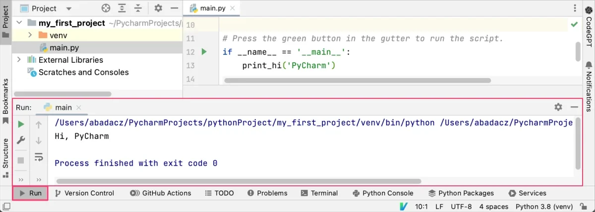 展示PyCharm代码编辑器中的Python测试脚本,以及运行脚本后下方Run窗口显示成功输出的真实界面。