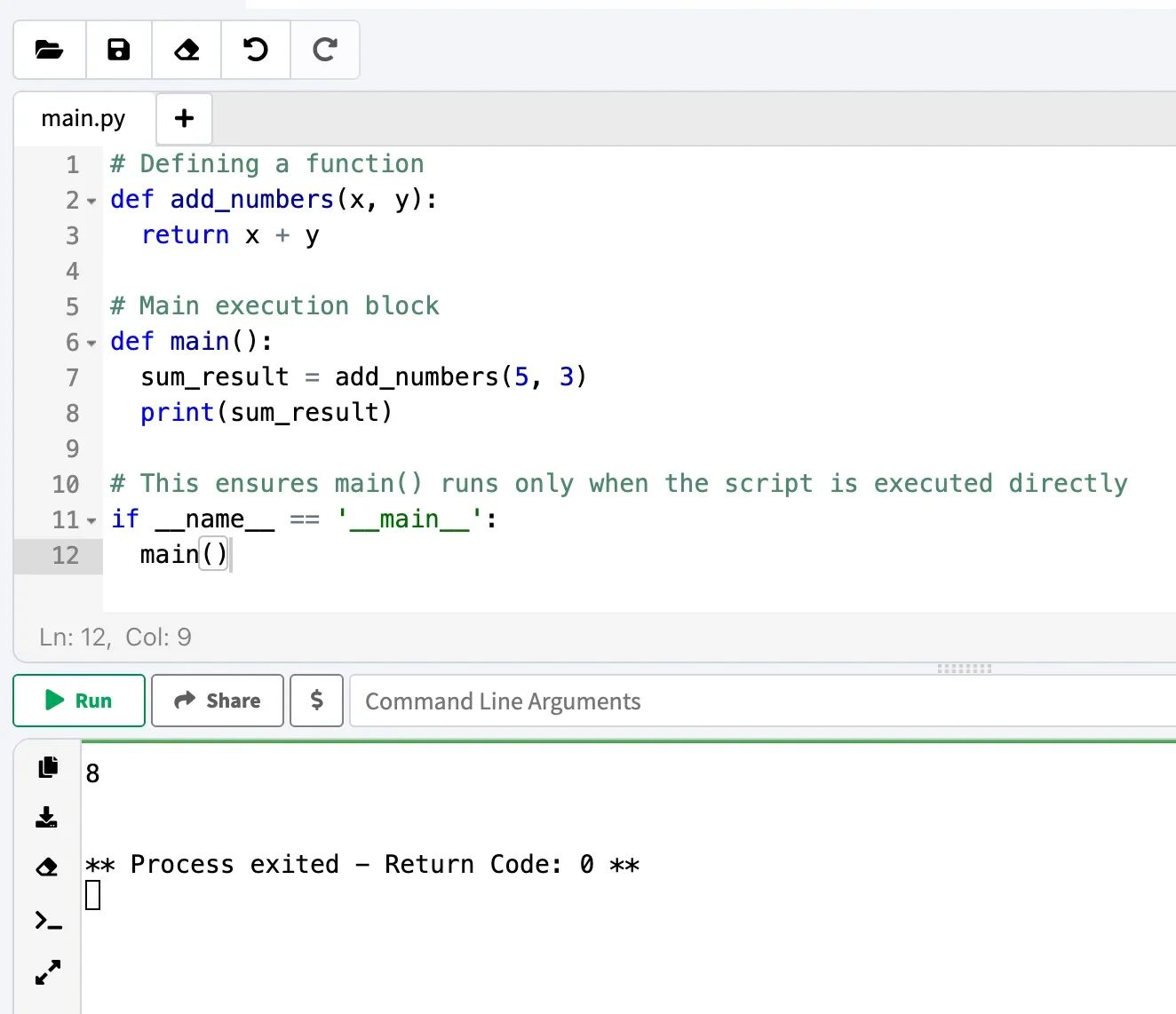 展示真实 Python 代码编辑器中的函数定义、调用和 return 返回值代码,并配合终端运行结果。