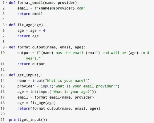 展示真实 Python 项目中的完整案例代码结构，包括多个函数、参数传递、主程序调用和最终输出。