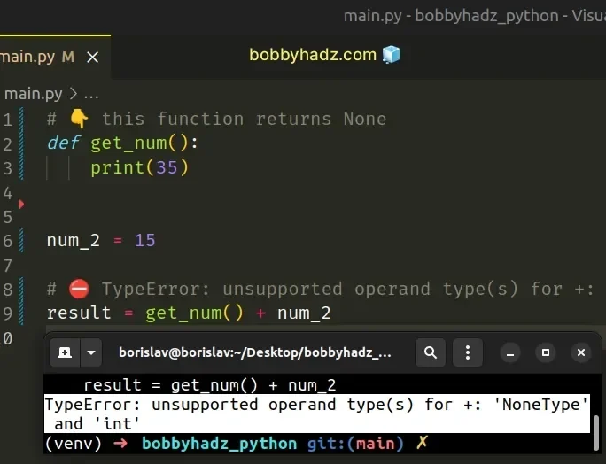 展示真实 Python 函数中 return、参数类型检查和终端 TypeError 或 None 结果,并呈现修复后的运行输出。