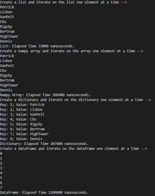 展示真实 Python 性能测试代码与终端耗时结果，对比列表查找和字典查找等操作的执行效率。