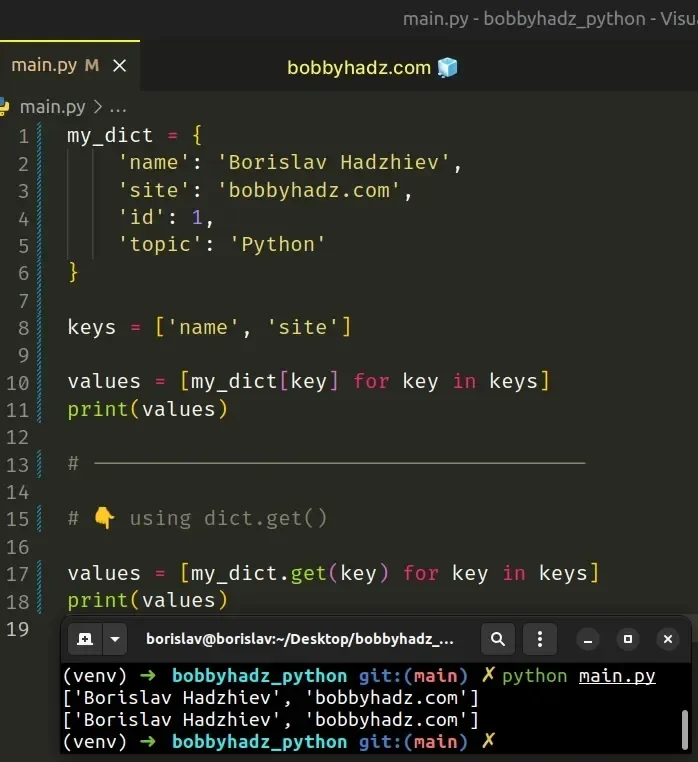 展示真实 Python 项目代码编辑器中的规范列表与字典操作，包括推导式、get、items和copy等写法。