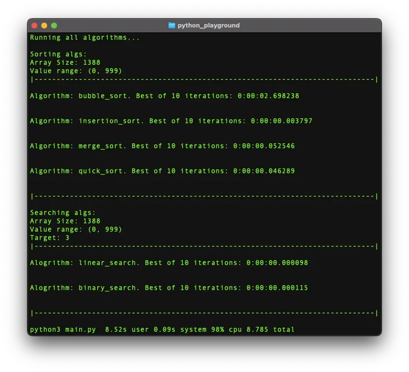 展示真实 Python CLI 项目在终端执行性能分析命令、代码编辑器中的待优化函数，以及优化前后的耗时对比结果。