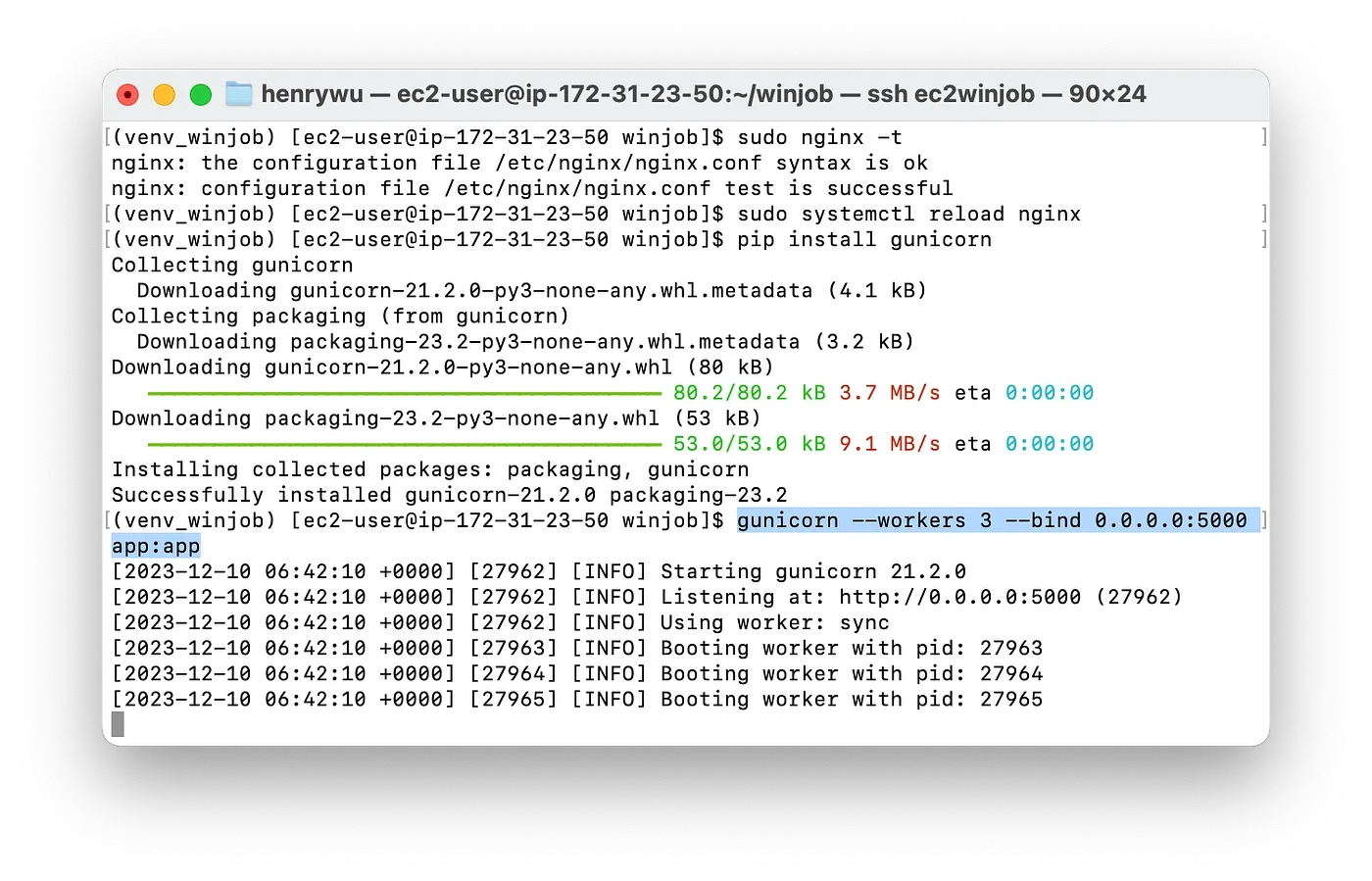 展示真实服务器终端、Python应用部署目录、环境变量配置、启动命令以及应用进程运行状态。