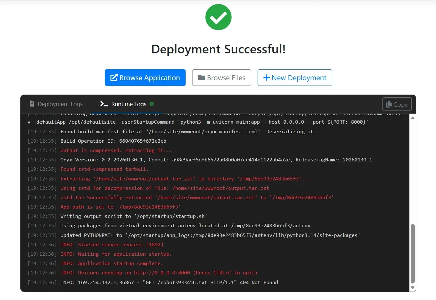展示真实部署后的Python应用运行结果、终端日志、成功访问页面或命令行输出,以及典型错误与修复后的对比。