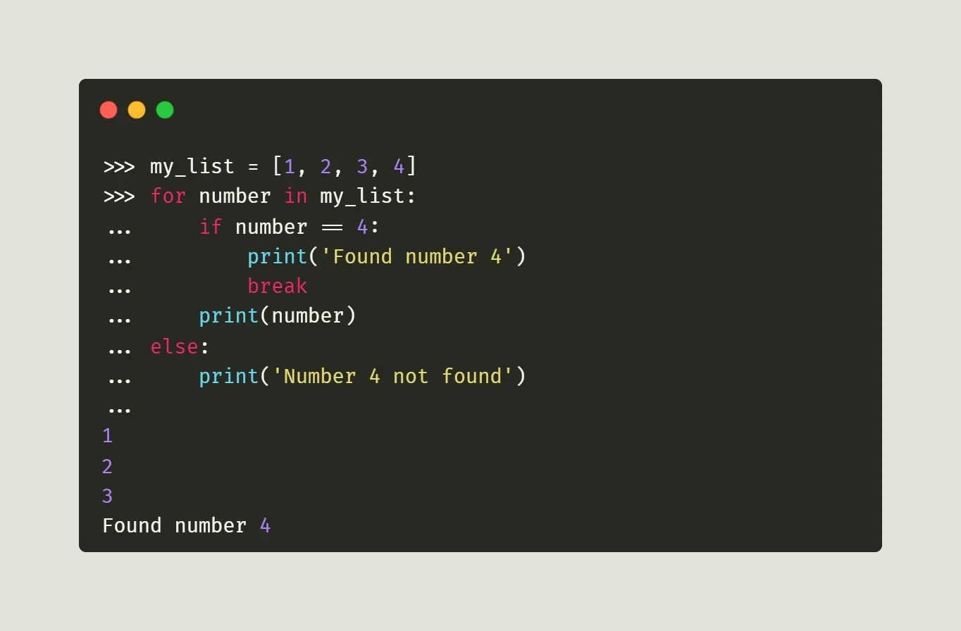 展示真实 Python 代码编辑器中的 break、continue、for-else 示例,并配合终端输出体现不同控制语句的执行结果。
