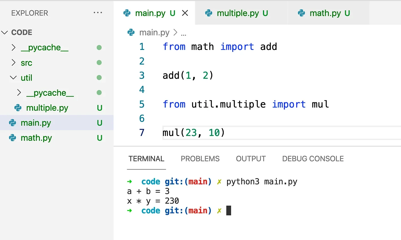 展示一个完整 Python 小项目的多文件结构、模块之间的导入关系、主程序代码和终端运行结果。