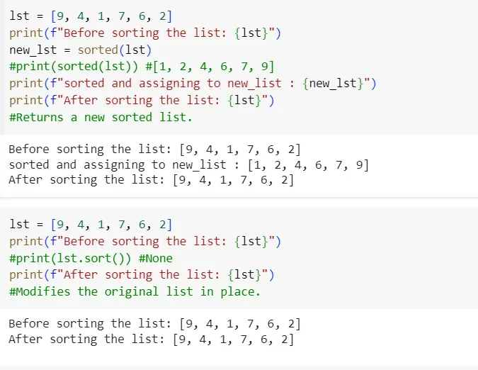 展示Python终端中分别执行list.sort()和sorted(list)后的结果,对比原列表是否发生变化以及返回值差异。
