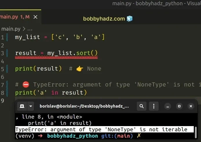 展示Python交互式终端中错误使用list.sort()赋值导致变量为None,以及正确使用sorted()得到新列表的对比。