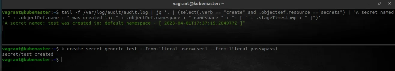 展示真实Kubernetes Audit JSON日志、audit-policy.yaml以及包含用户、资源、verb、响应状态和授权决定字段的审计事件。