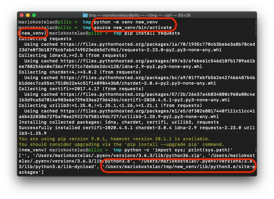 展示真实终端中创建并激活Python虚拟环境、执行python和pip命令以及项目目录结构的操作过程。