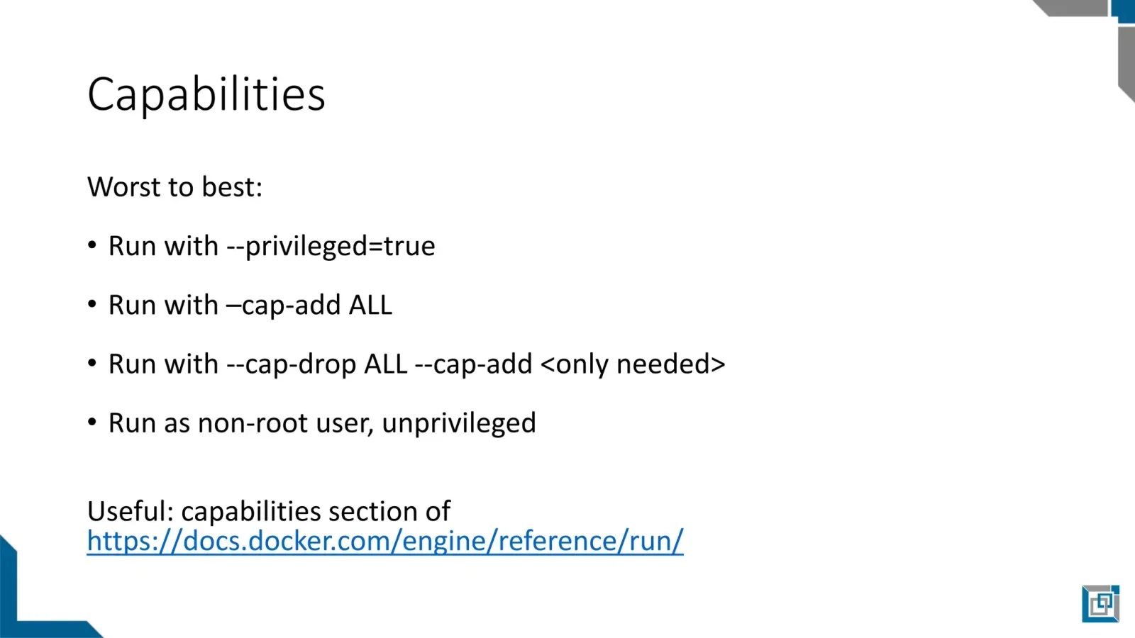 展示真实 Linux/Docker 终端中使用 docker run --cap-drop、--cap-add，以及查看容器 capabilities 的命令和输出。