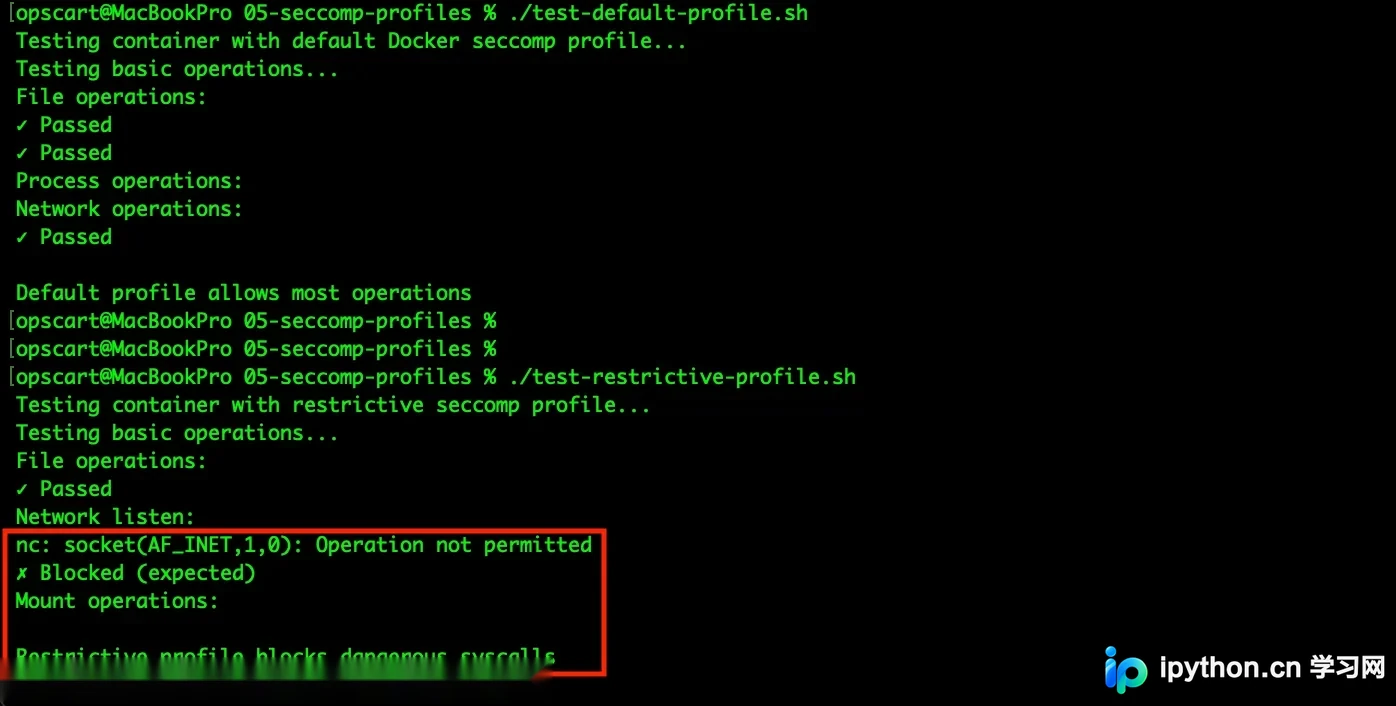 展示真实 Docker seccomp JSON 配置文件、docker run --security-opt seccomp 命令以及被禁止系统调用后的 Permission denied 等验证结果。