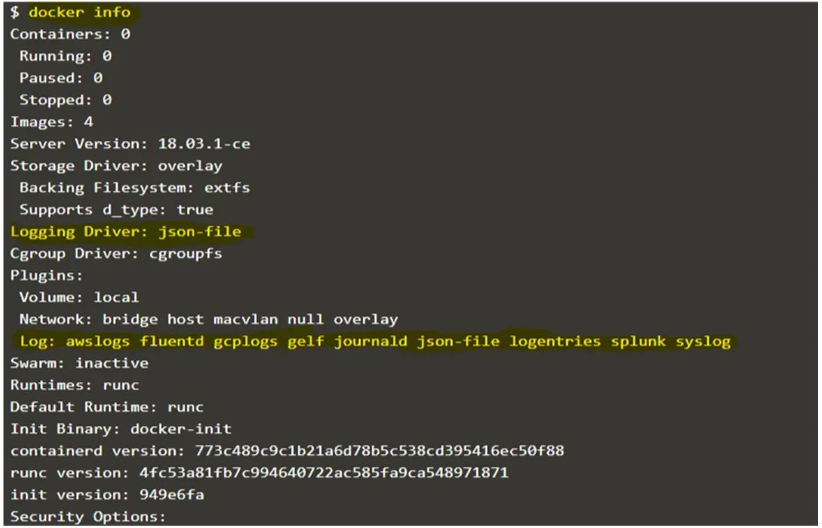 展示真实Docker主机终端中的docker info、docker inspect和容器json日志文件，直观体现json-file驱动及日志存储位置。