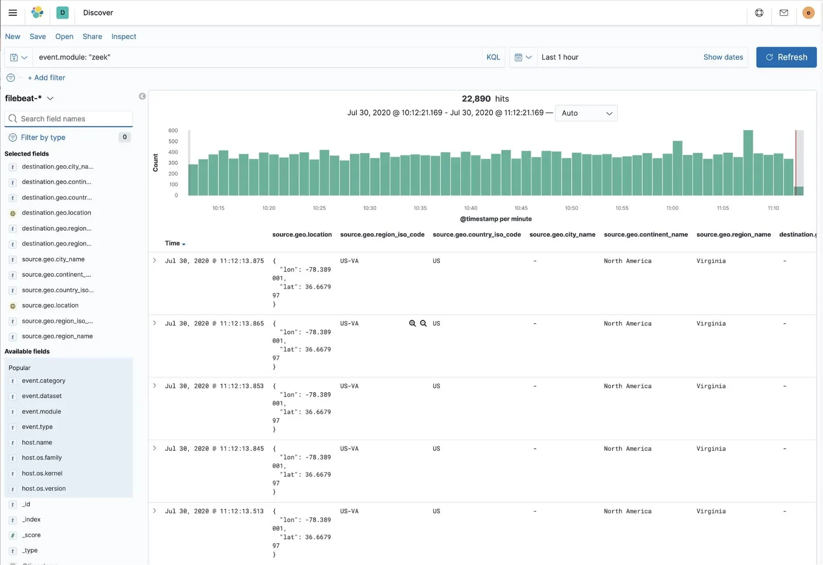 展示 Filebeat 日志采集验证、Elasticsearch 文档中的完整多行事件以及 Kibana Discover 查询结果，形成从采集端到可视化端的验证闭环。