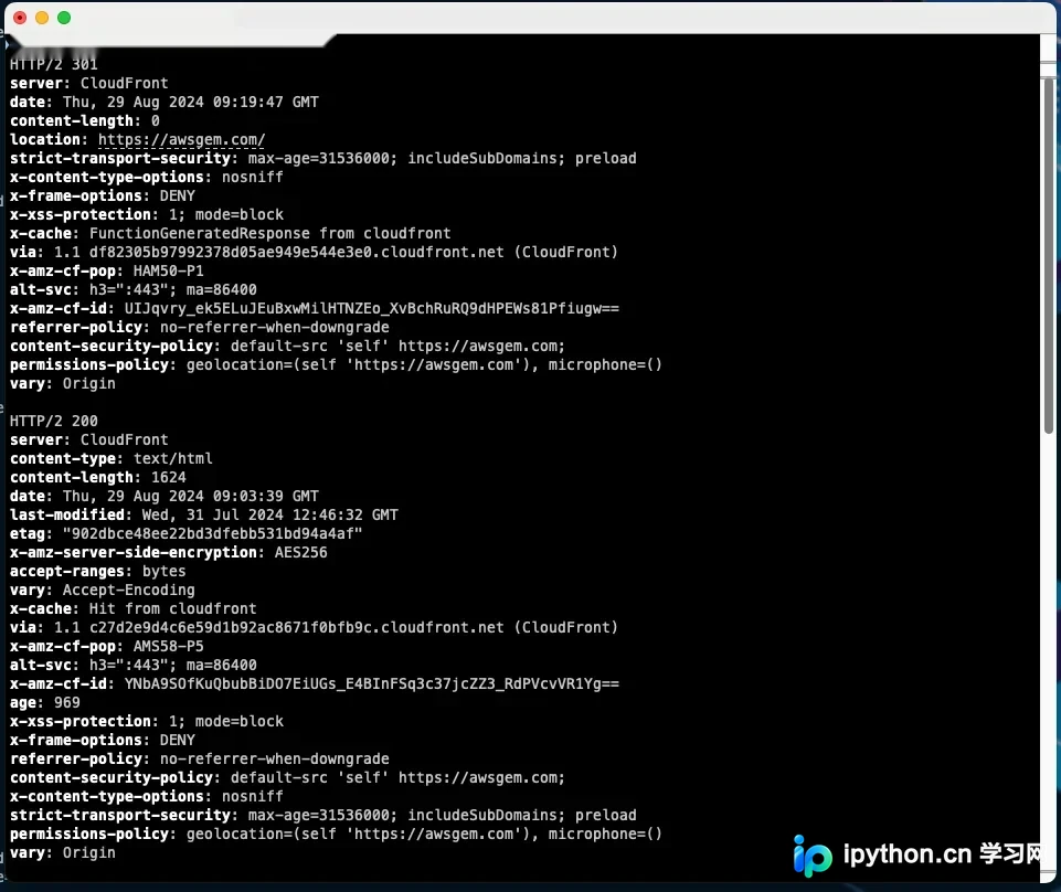 展示使用curl -I或浏览器Network面板检查Strict-Transport-Security和X-Frame-Options响应头的真实终端或开发者工具界面。