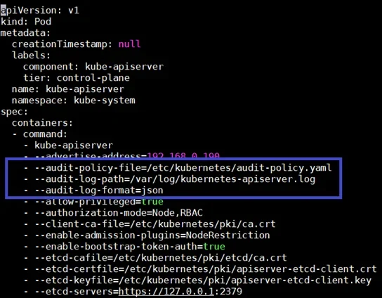 展示真实 kube-apiserver 启动参数或静态 Pod manifest 中的 audit-policy-file、audit-log-path 等配置，以及控制面重载后的运行状态。