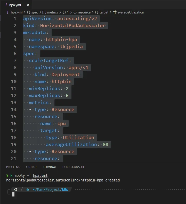 展示真实 YAML 配置文件中 Deployment 资源请求与 HorizontalPodAutoscaler autoscaling/v2 配置,以及 kubectl apply 操作。