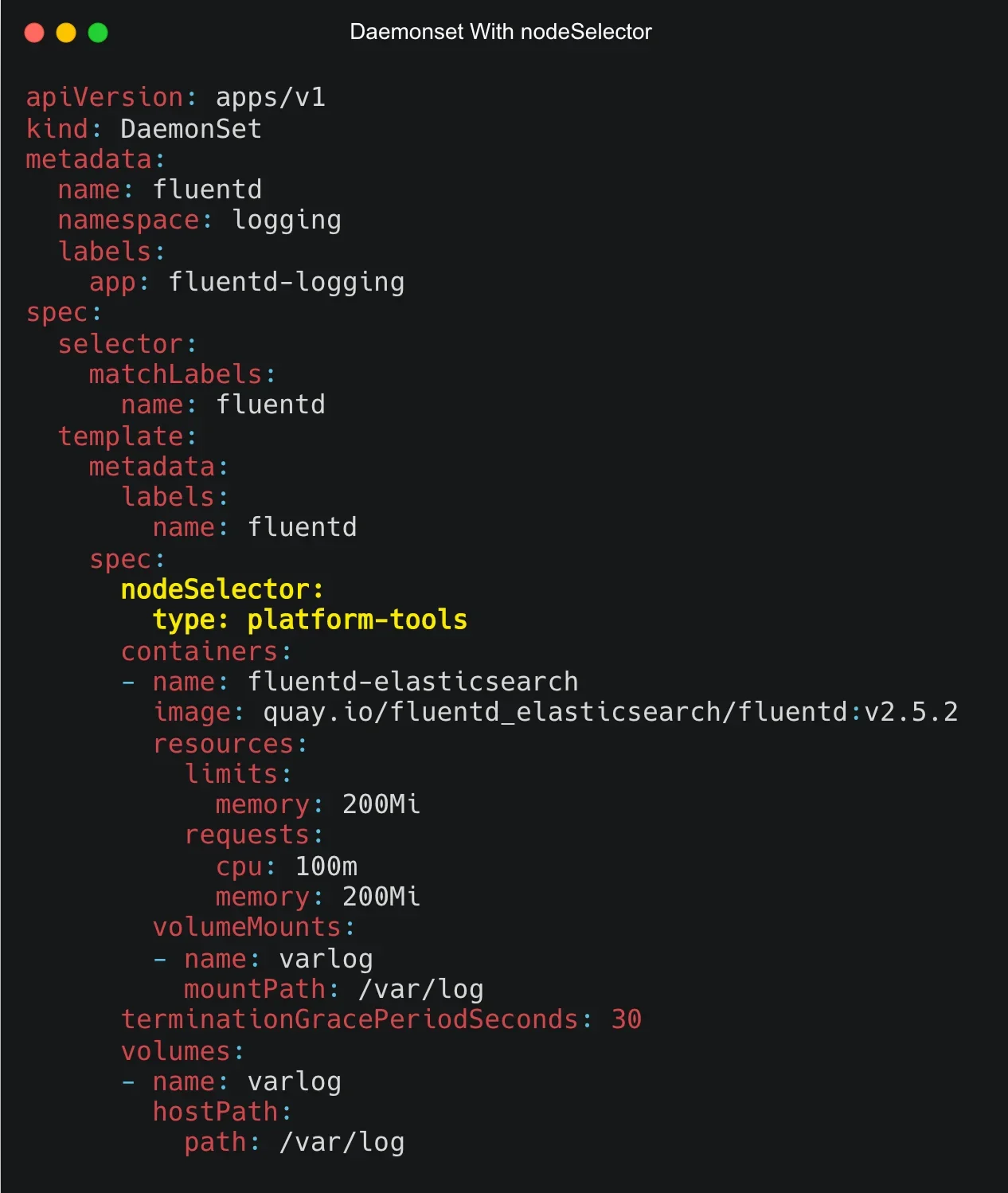 展示真实 DaemonSet YAML 文件与终端执行 kubectl apply 的操作截图,突出 selector、template 和 labels 的对应关系