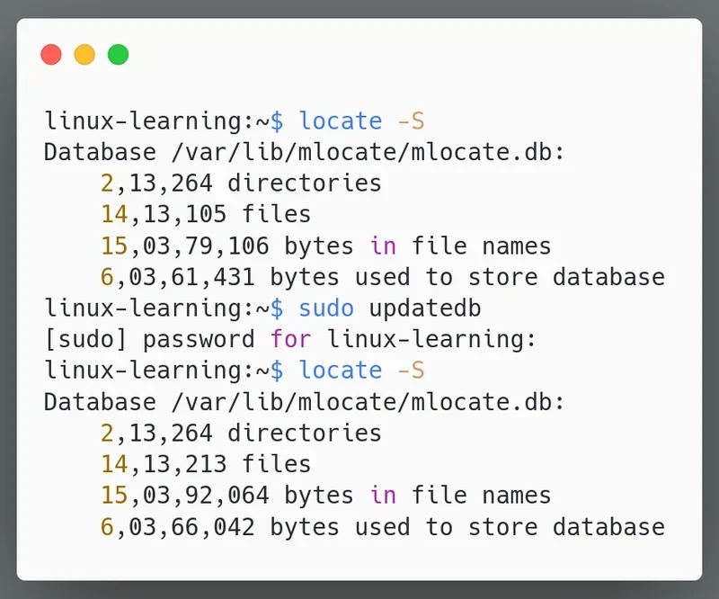 展示真实Linux终端中find与locate命令及文件系统/locate数据库关系，直观体现两种查找机制。