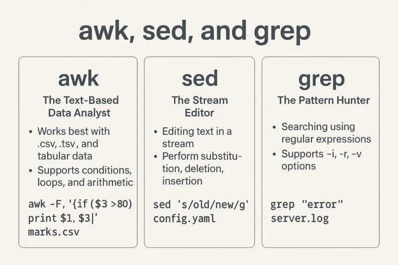 展示Linux终端中awk与sed处理文本的基本流程,并直观区分awk的字段处理与sed的文本编辑能力。
