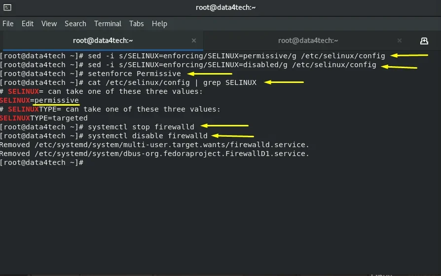 展示真实Linux服务器终端或管理界面,同时体现firewalld防火墙状态、开放端口和SELinux enforcing状态,直观建立两层安全控制的概念。