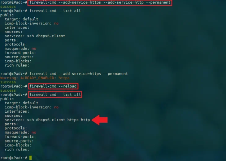 展示真实Linux终端中使用firewall-cmd配置zone、开放端口和查看规则的操作界面,突出最小端口开放原则。