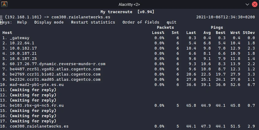 该节需要一张真实mtr终端输出截图,突出Loss%、Snt、Last、Avg、Best、Wrst等字段。