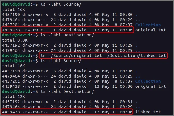 展示真实Linux终端中ln创建硬链接后的文件列表和inode编号，突出原文件与硬链接指向同一inode。
