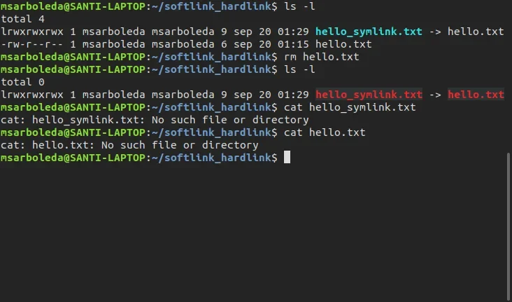 展示真实Linux终端中的软链接与硬链接实验结果，对比删除原文件后硬链接仍可访问而软链接变成悬空链接的情况。