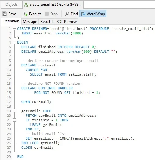 展示真实MySQL开发环境中的游标存储过程代码与查询结果，突出DECLARE CURSOR、FETCH和循环处理过程。