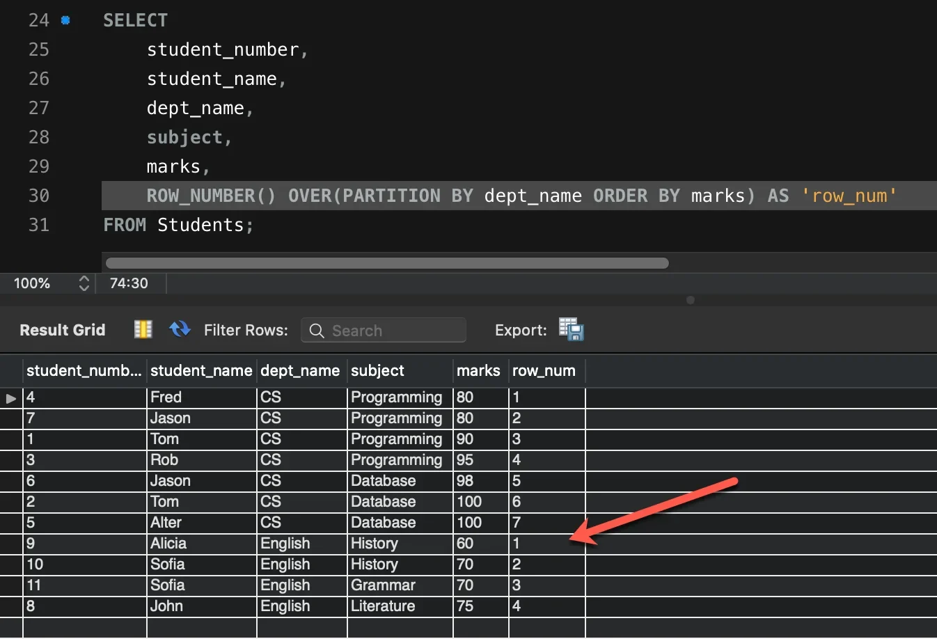 展示真实MySQL客户端中执行ROW_NUMBER() OVER(PARTITION BY ... ORDER BY ...)查询及结果,体现分组、排序与行号生成的关系。