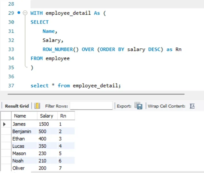 展示真实MySQL SQL编辑器中使用WITH CTE或子查询包裹ROW_NUMBER结果,再通过WHERE筛选排名的场景,同时体现按条件保留最新记录的去重用法。