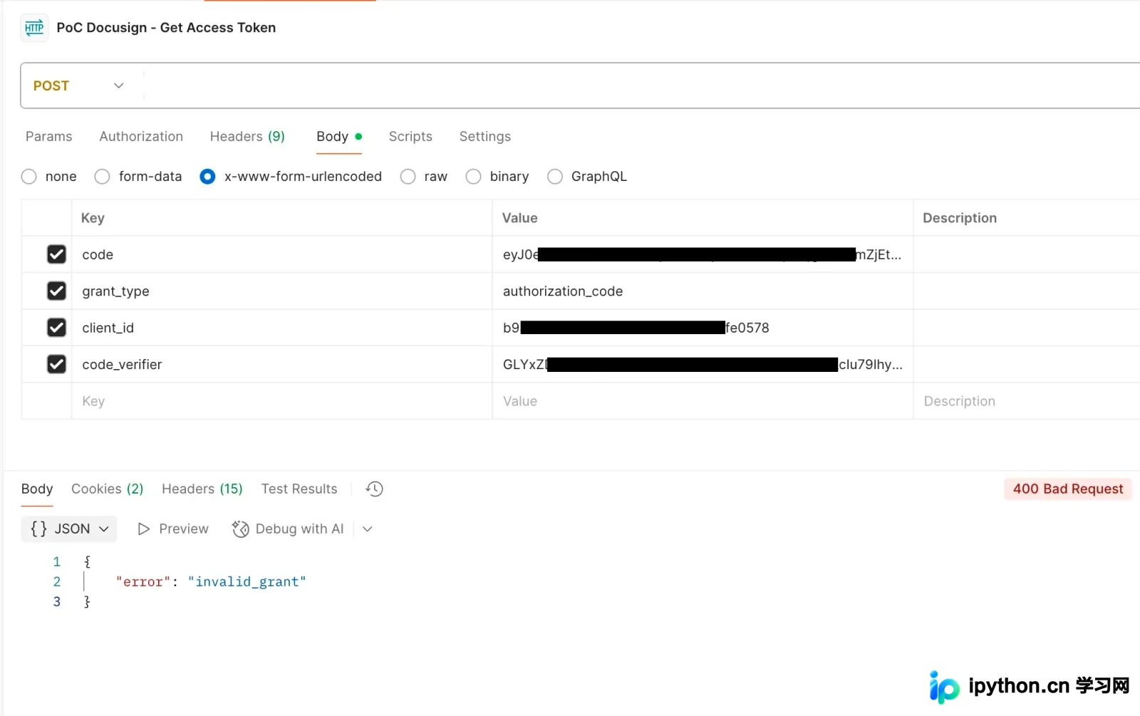 展示OAuth2安全测试或API测试结果,对比正确PKCE请求与错误Verifier、缺失Challenge、降级到plain等失败场景。