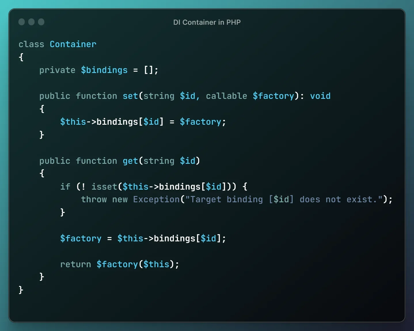 展示 PHP 应用中控制器、业务服务、Repository 等对象的依赖关系，以及 PHP-DI 容器负责创建对象并注入依赖的真实架构示意图。